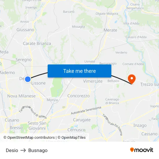 Desio to Busnago map