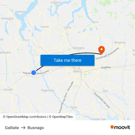 Galliate to Busnago map