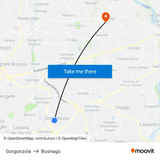 Gorgonzola to Busnago map
