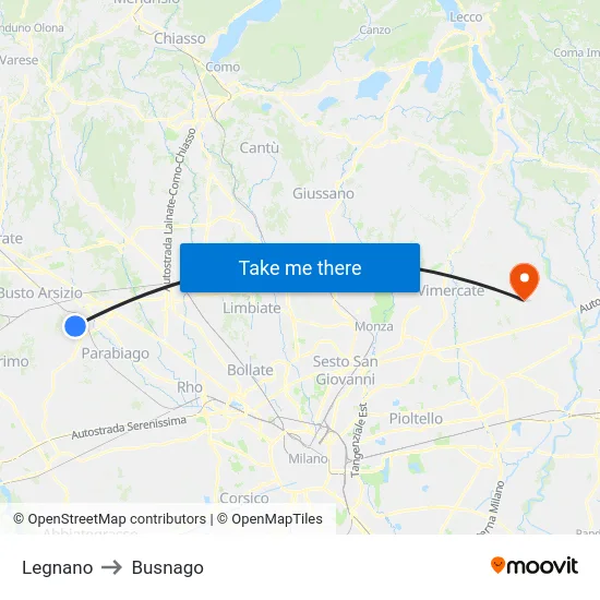 Legnano to Busnago map
