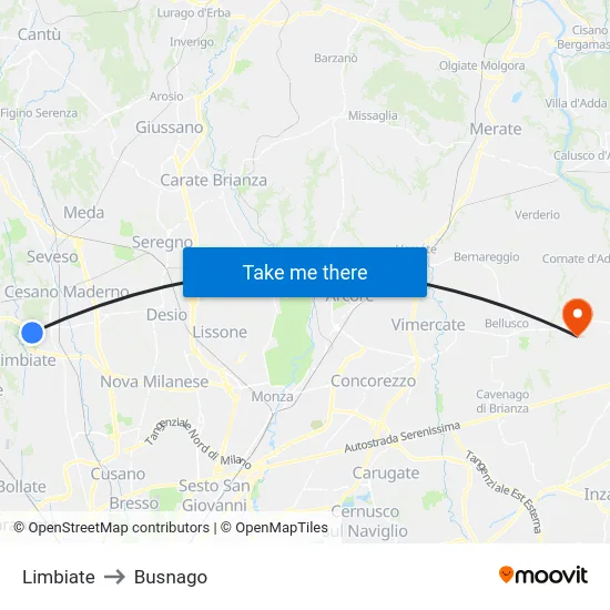 Limbiate to Busnago map