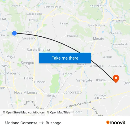 Mariano Comense to Busnago map