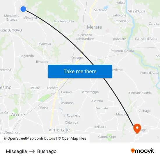 Missaglia to Busnago map