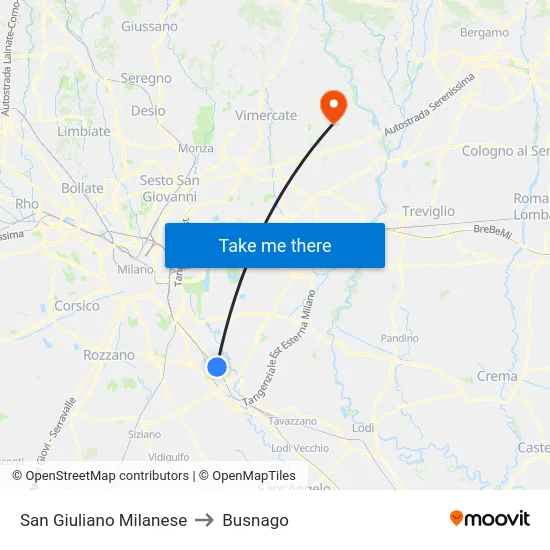 San Giuliano Milanese to Busnago map
