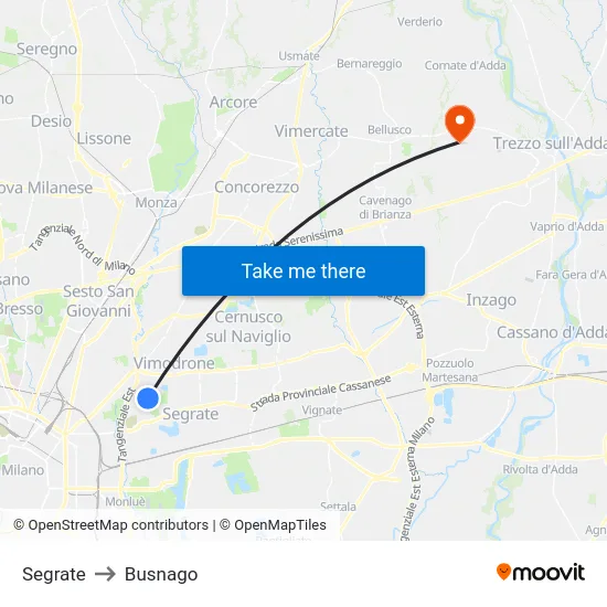 Segrate to Busnago map