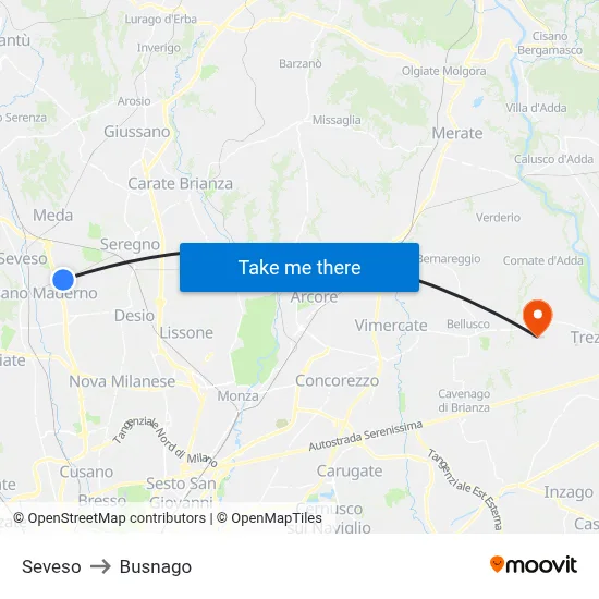 Seveso to Busnago map