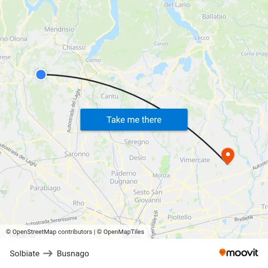 Solbiate to Busnago map