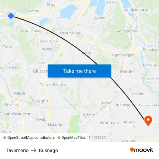 Tavernerio to Busnago map