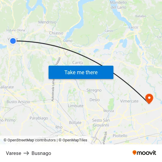 Varese to Busnago map