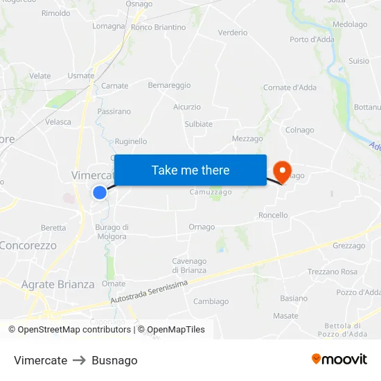 Vimercate to Busnago map