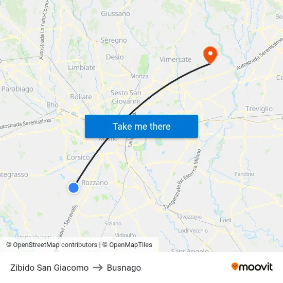 Zibido San Giacomo to Busnago map
