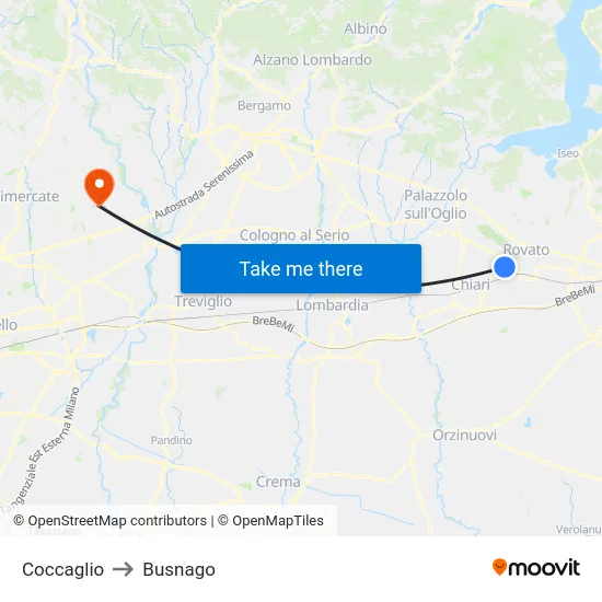Coccaglio to Busnago map