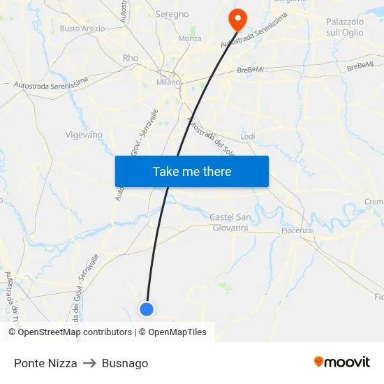 Ponte Nizza to Busnago map