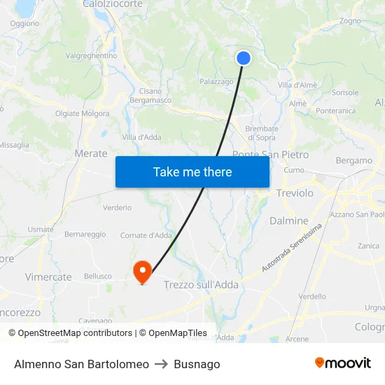 Almenno San Bartolomeo to Busnago map