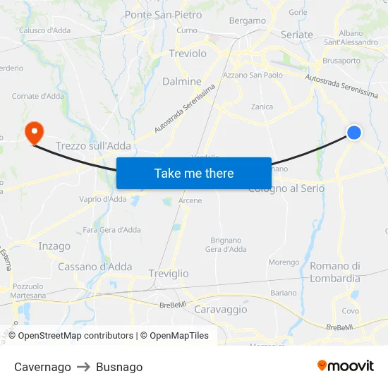 Cavernago to Busnago map