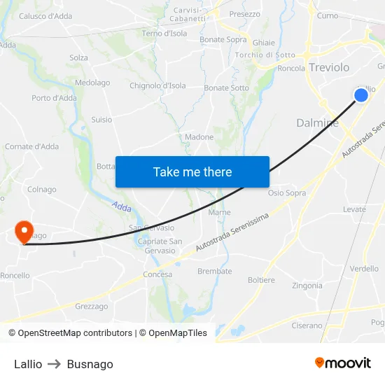 Lallio to Busnago map