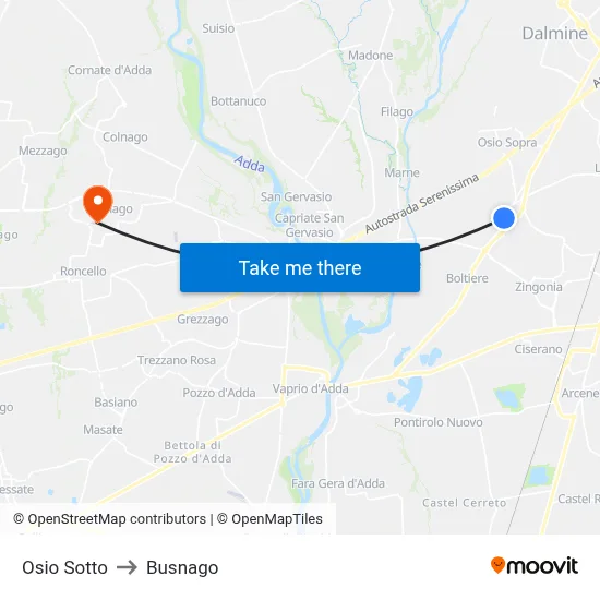 Osio Sotto to Busnago map