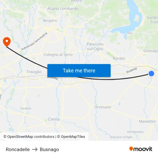 Roncadelle to Busnago map