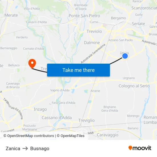 Zanica to Busnago map