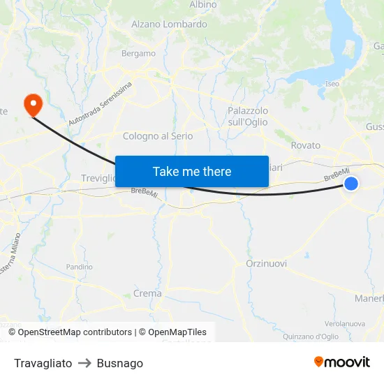 Travagliato to Busnago map