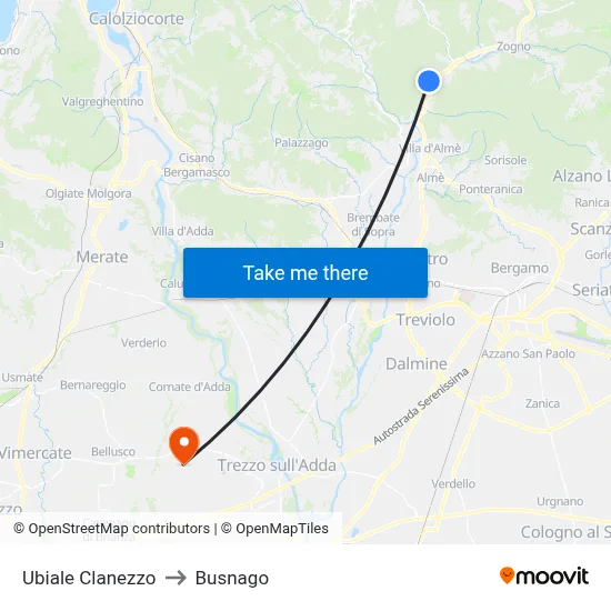 Ubiale Clanezzo to Busnago map