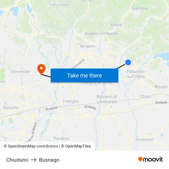 Chiuduno to Busnago map