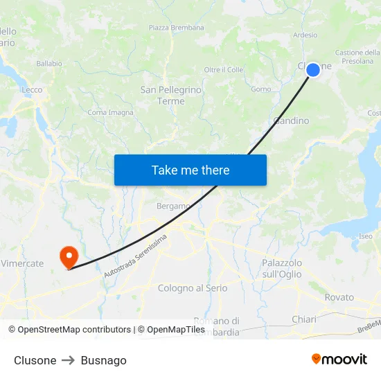 Clusone to Busnago map