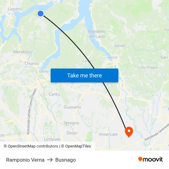 Ramponio Verna to Busnago map