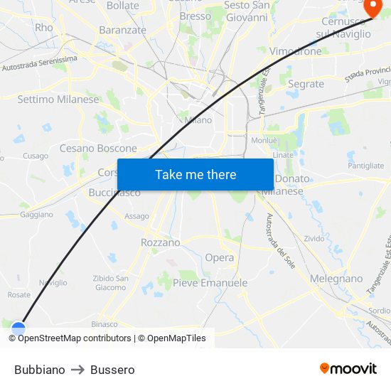 Bubbiano to Bussero map
