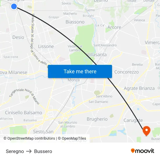Seregno to Bussero map