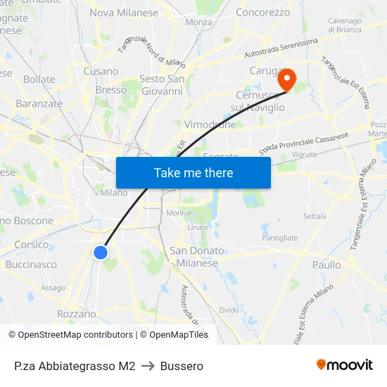 Piazza Abbiategrasso M2 to Bussero map
