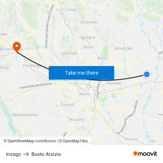 Inzago to Busto Arsizio map