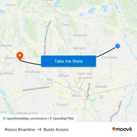 Ronco Briantino to Busto Arsizio map