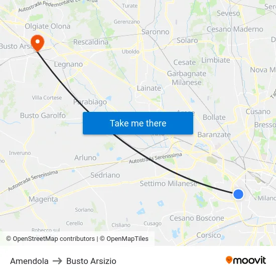 Amendola to Busto Arsizio map