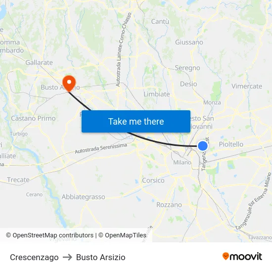 Crescenzago to Busto Arsizio map