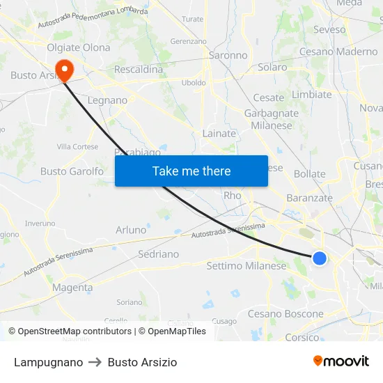 Lampugnano to Busto Arsizio map