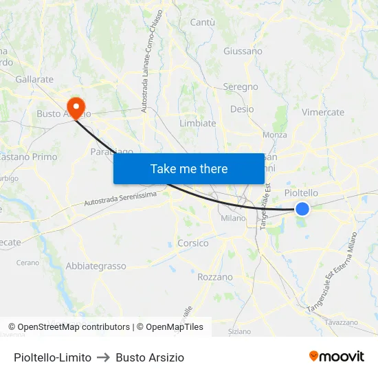 Pioltello-Limito to Busto Arsizio map
