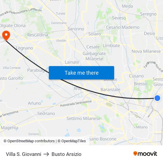 Villa S. Giovanni to Busto Arsizio map