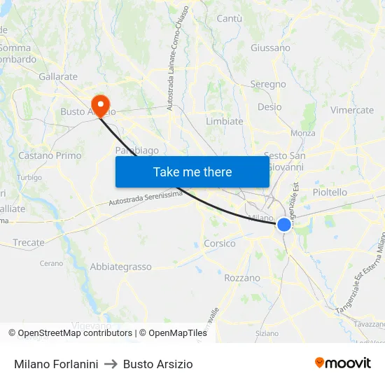 Milano Forlanini to Busto Arsizio map
