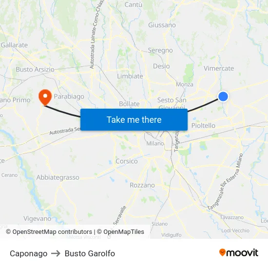 Caponago to Busto Garolfo map