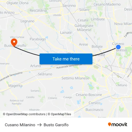 Cusano Milanino to Busto Garolfo map