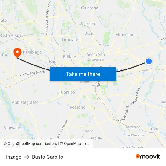 Inzago to Busto Garolfo map