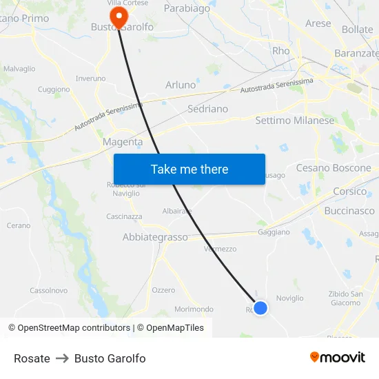 Rosate to Busto Garolfo map