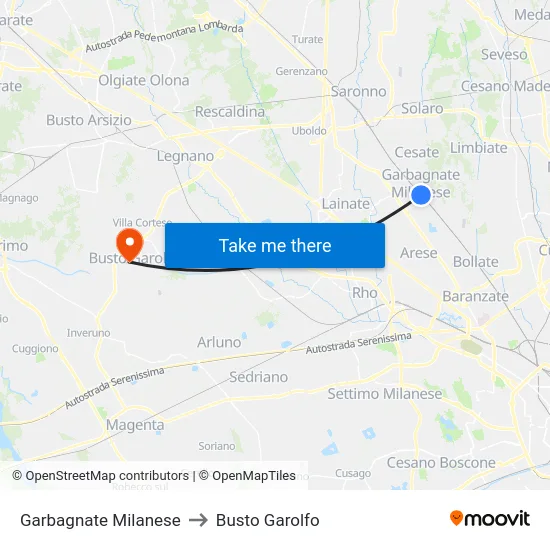 Garbagnate Milanese to Busto Garolfo map