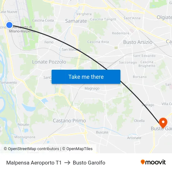 Malpensa Aeroporto T1 to Busto Garolfo map