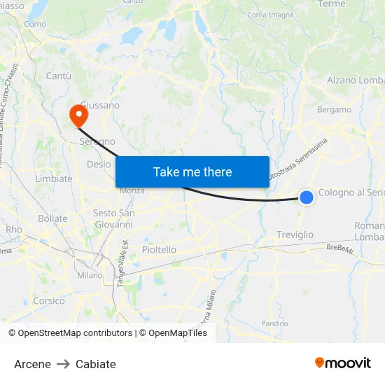 Arcene to Cabiate map