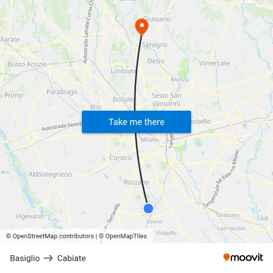 Basiglio to Cabiate map