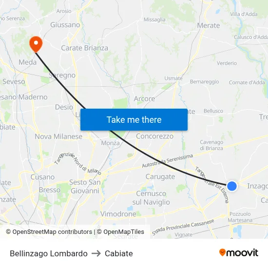 Bellinzago Lombardo to Cabiate map