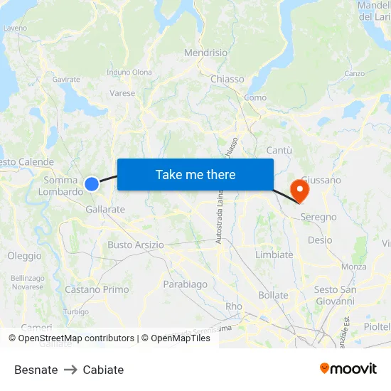 Besnate to Cabiate map