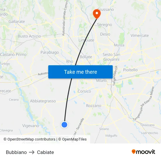 Bubbiano to Cabiate map